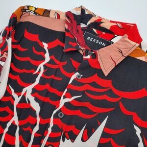 Reason Clothing Mens L Anime Samurai Graphic Button Up Shirt Red Black Flawed